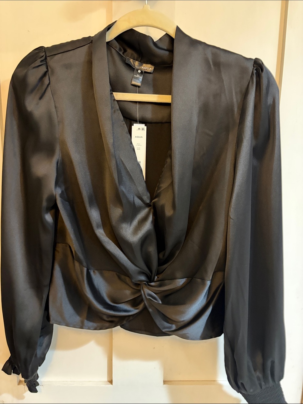 New With Tags Aqua Black Satin Twist-Front Blouse